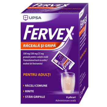 Fervex Răceală şi Gripă pentru adulţi, 500mg/200mg/25mg, 8 plicuri (Upsa)